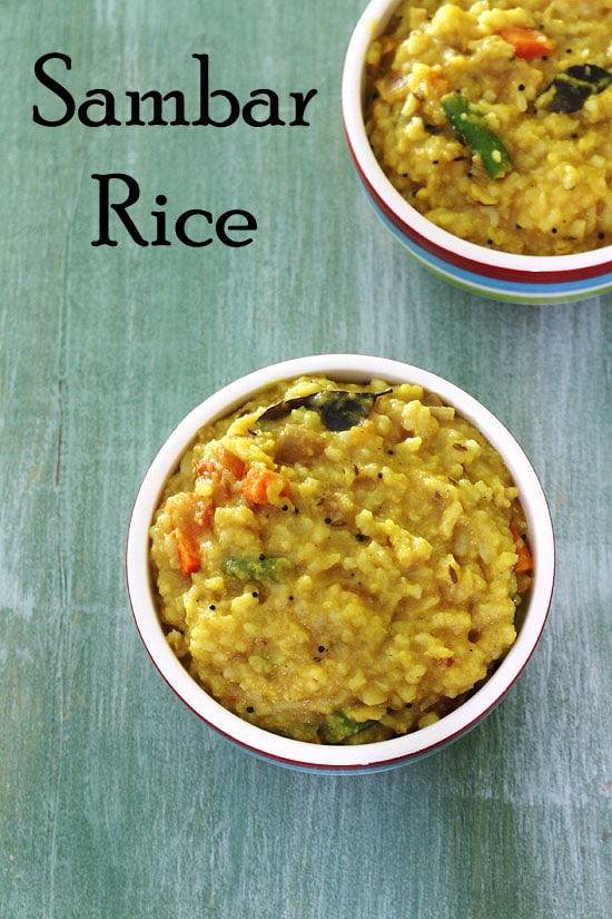 2 bowls of sambar rice with name label on the image.