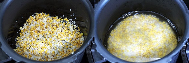 Collage of 2 images showing rinsed dal-rice and water added.