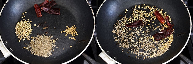 Collage of 2 images showing whole spices in a plate and roasting.