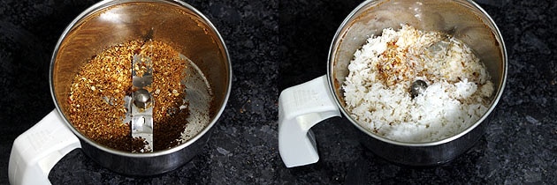 Collage of 2 images showing powder from the roasted spices and adding coconut, tamarind water.