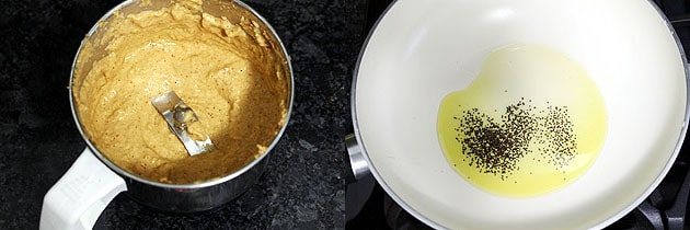 Collage of 2 images showing paste made in the grinder and tempering of mustard seeds.