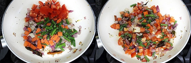 Collage of 2 images showing adding and mixing veggies.