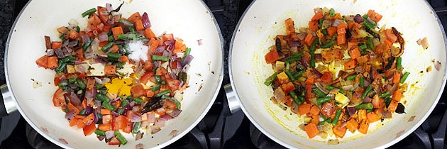 Collage of 2 images showing adding salt and turmeric and cooked veggies.