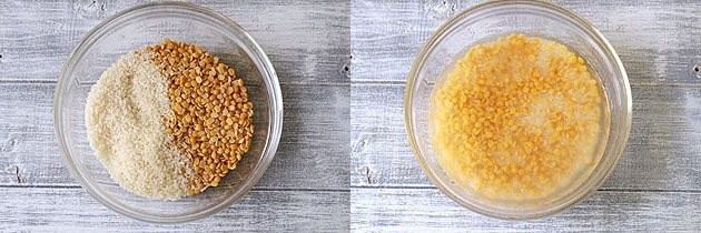 Collage of 2 images showing dal and rice in a bowl and soaking in water.