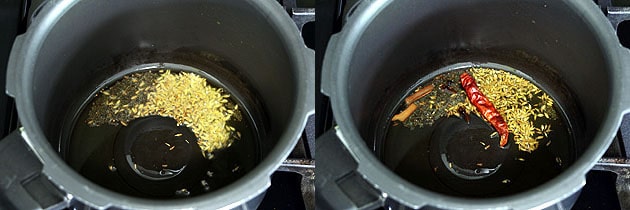 Collage of 2 images showing tempering of mustard and cumin seeds and whole spices.