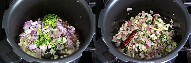 Collage of 2 images showing adding and cooking onion and crushed paste.