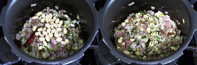 Collage of 2 images showing adding peanuts and mixing.
