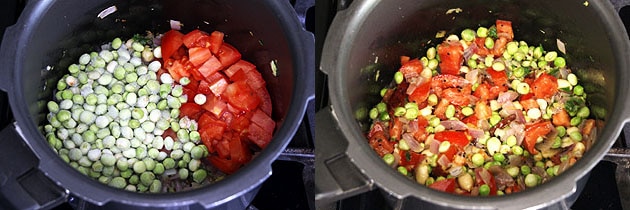 Collage of 2 images showing adding lilva and tomatoes.