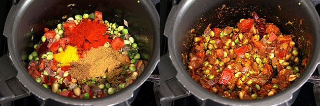 Collage of 2 images showing adding and mixing spice powders.