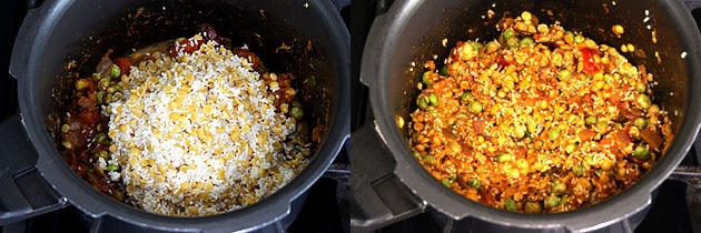 Collage of 2 images showing adding dal-rice and mixing.