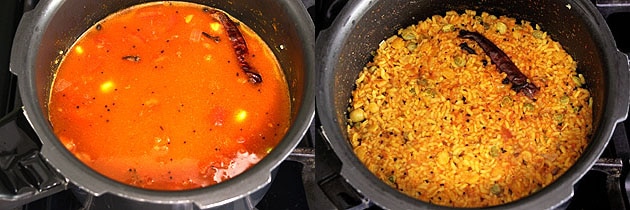 Collage of 2 images showing adding water and cooked khichdi.