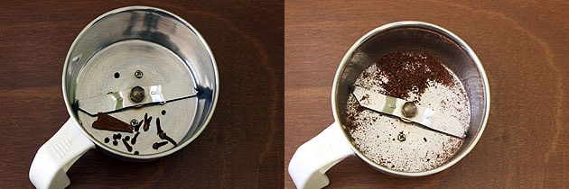 Collage of 2 images showing whole spices in a grinder jar and powdered spices.