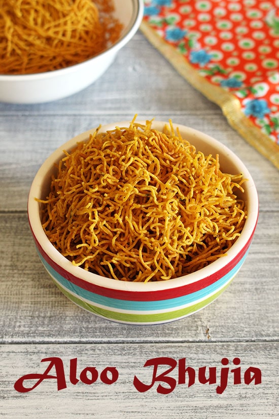 aloo bhujia served in a bowl with label at the bottom of the image.