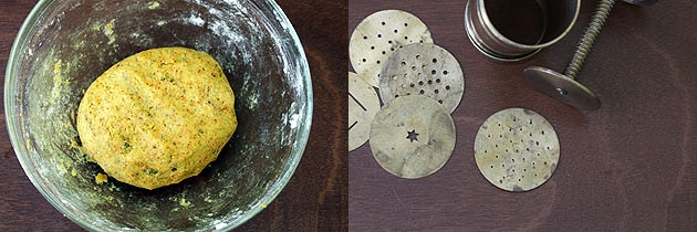 Collage of 2 images showing aloo bhujia dough and sev maker with different discs.