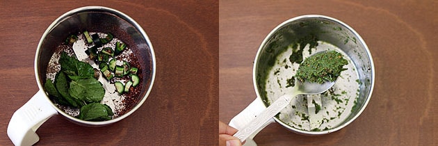 Collage of 2 images showing adding mint and green chili and prepared paste.