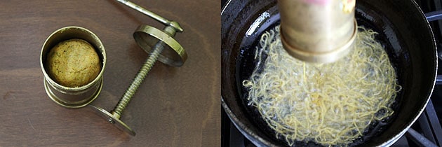 Collage of 2 images showing adding dough in sev maker and dropping sev into hot oil.