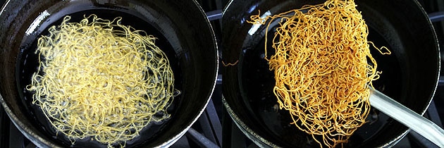Collage of 2 images showing frying sev and removing fried aloo sev.