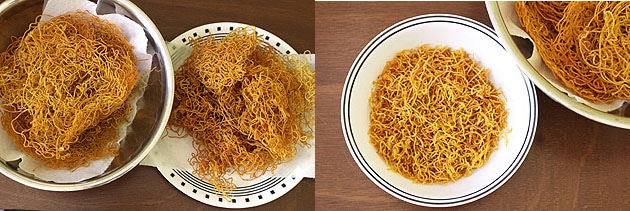 Collage of 2 images showing all fried aloo sev and breaking some in a bowl.