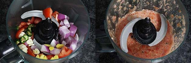 Collage of 2 images showing onion, tomato, ginger, garlic, chili in a food processor and ground coarsely. 