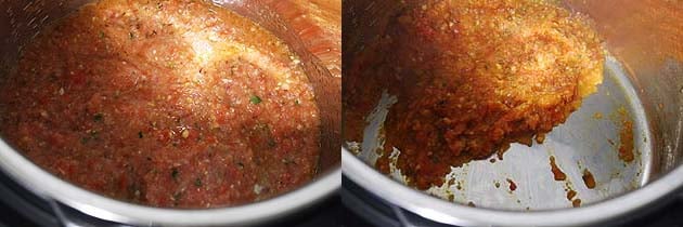 Collage of 2 images showing adding puree and cooking in instant pot.