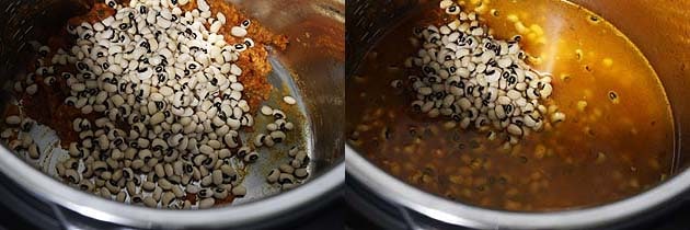 Collage of 2 images showing adding black eyed peas and water.