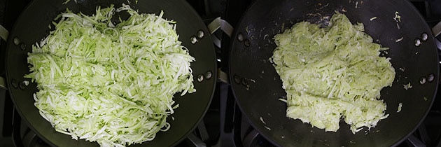 Collage of 2 images showing grated lauki in a pan and cooked lauki.