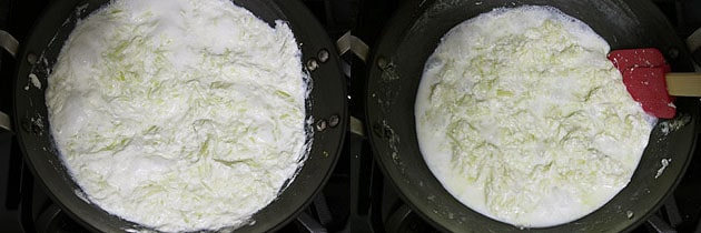 Collage of 2 images showing adding and cooking milk.