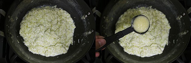 Collage of 2 images showing evaporated milk and lauki mixture and adding ghee.