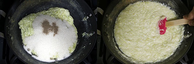 Collage of 2 images showing adding and mixing sugar.