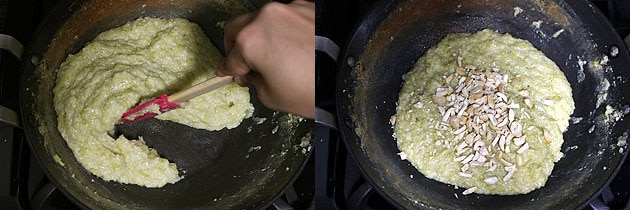 Collage of 2 images showing stirring lauki barfi mixture and adding nuts.