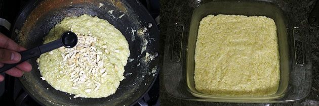 Collage of 2 images showing adding rose water and spreading barfi mixture in a pan.