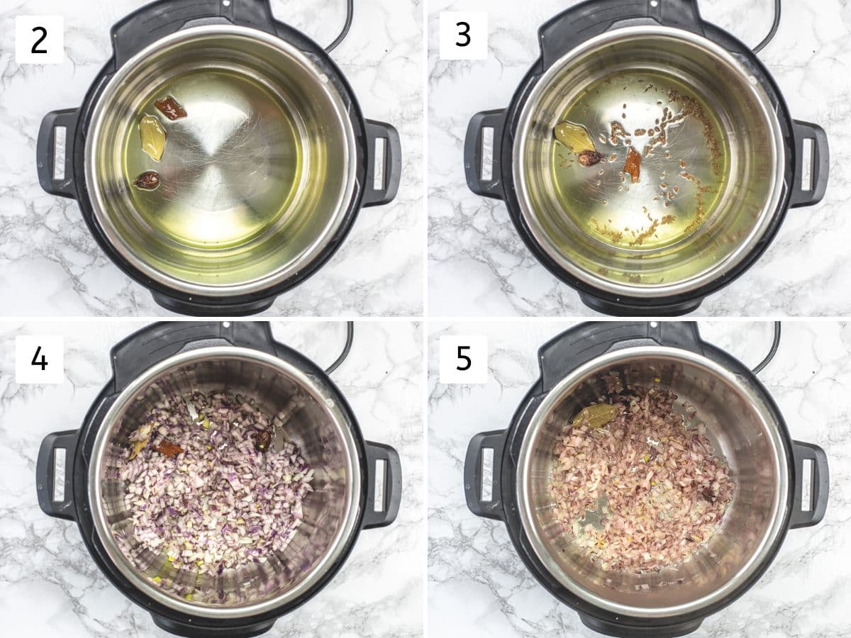 Collage of 4 images showing tempering spices and cooking onion.