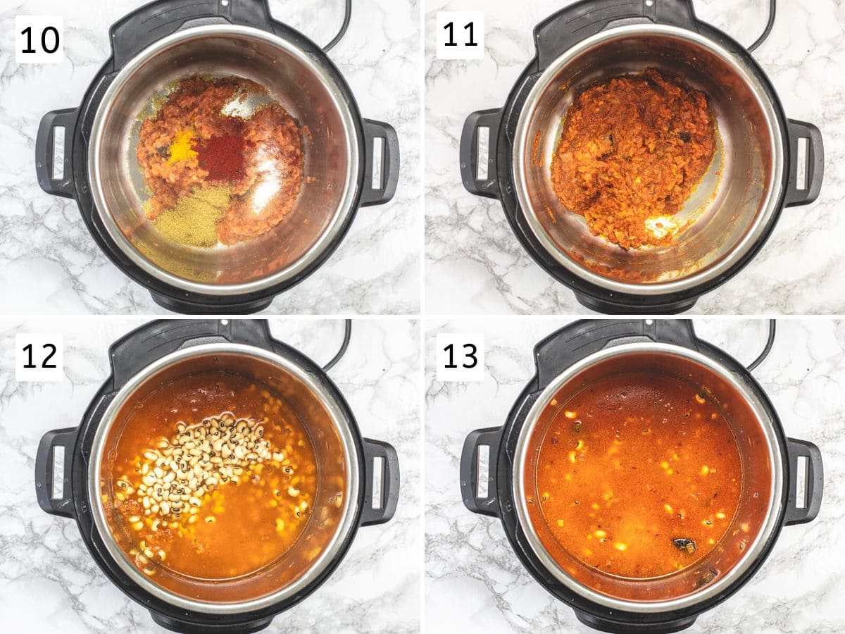 Collage of 4 images showing adding and mixing spices, soaked lobia and water.