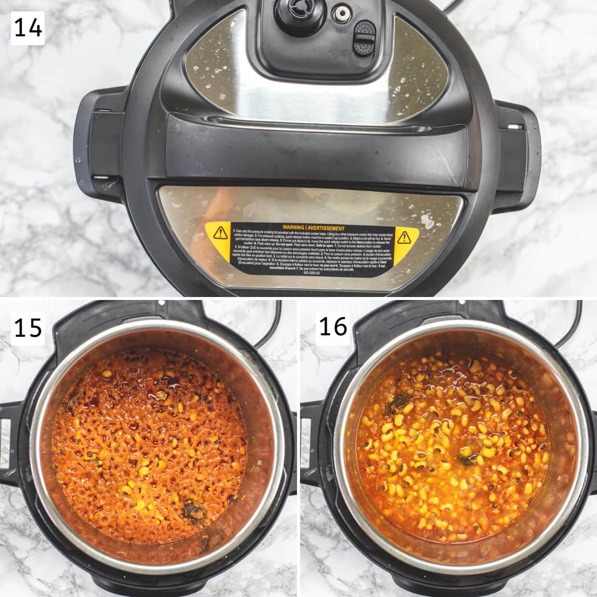Collage of 3 images showing instant pot with lid, cooked black eyed peas curry.