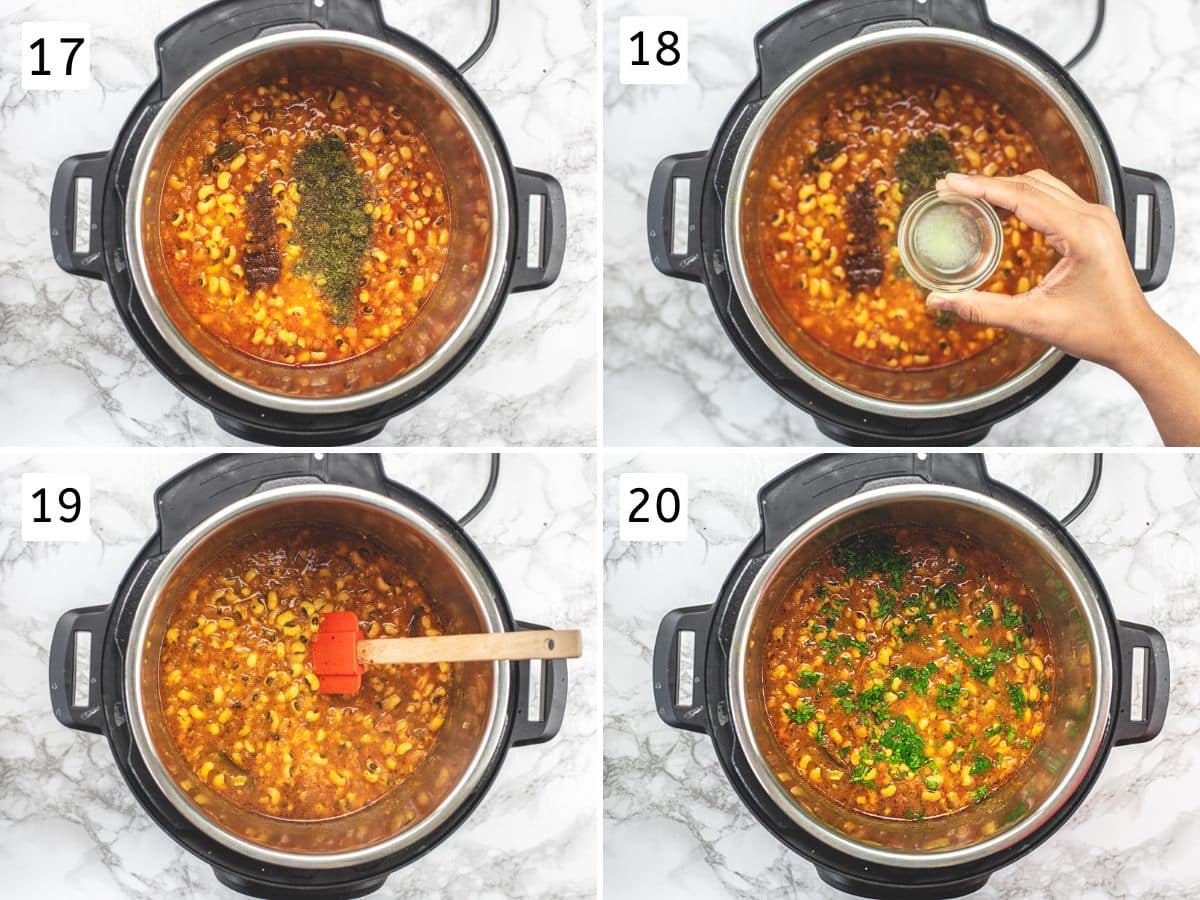 Collage of 4 images showing adding and mixing garam masala, kasoori methi, lime juice and cilantro.