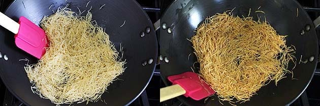 Collage of 2 images showing roasting vermicelli. 