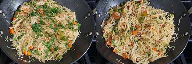 Collage of 2 images showing adding and mixing cilantro and lemon juice.