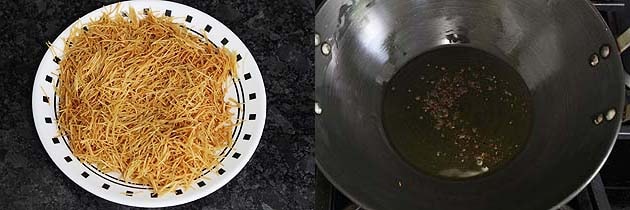 Collage of 2 images showing roasted vermicelli in a plate and tempering of mustard seeds.