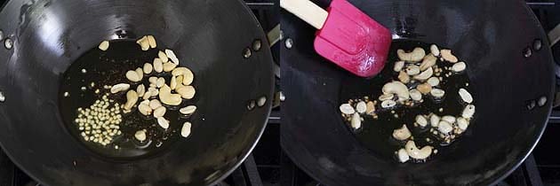 Collage of 2 images showing adding and roasting urad dal and cashews.