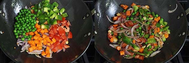 Collage of 2 images showing adding and cooking veggies.