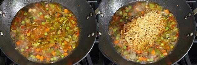 Collage of 2 images showing boiling water, adding vermicelli.