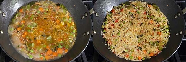 Collage of 2 images showing boiling water and cooked semiya upma.