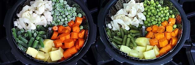 Collage of 2 images showing veggies in a steamer rack and cooked veggies.