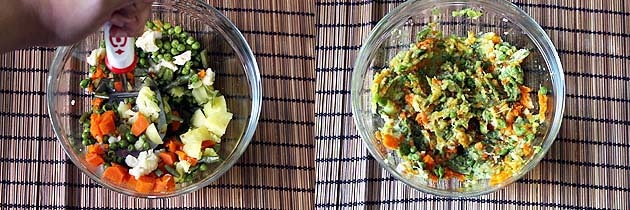 Collage of 2 images showing mashing veggies and mashed veggies.