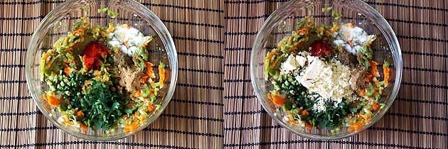 Collage of 2 images showing adding spices, herbs and besan.