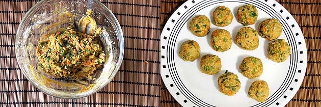 Collage of 2 images showing kofta mixture and shaped kofta on a plate.