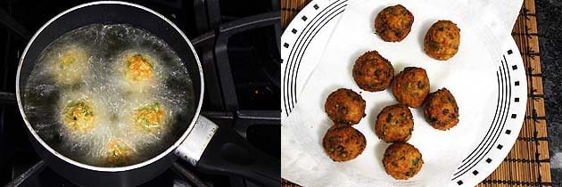 Collage of 2 images showing frying kofta and fried veg kofta on a plate.
