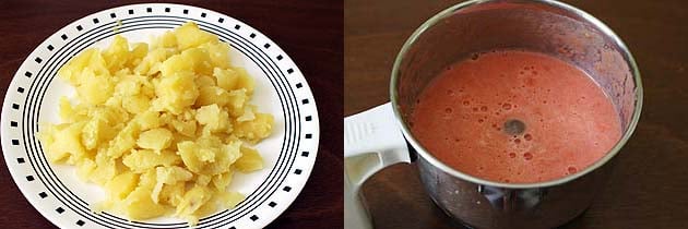 Collage of 2 images showing crushed, boiled potatoes in a plate and tomato puree in a blender jar.