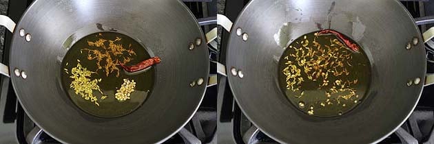 Collage of 2 images showing tempering on whole spices in the oil.