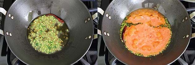 Collage of 2 images showing sauteing ginger, green chili and adding tomato puree.